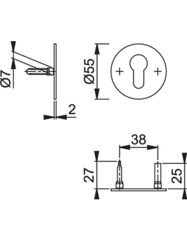 Pareja de bocallaves redondos planos en acero inoxidable. Montaje sin tornillos mediante 2 tetones de soporte pasantes. El groso