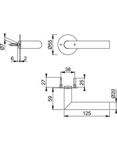 Juego de manillas para puertas interiores, ideal para edificios públicos. Realizadas en acero inoxidable, con roseta plana que n