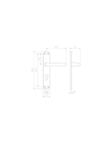 Juego de manillas con placa en aluminio con muelle de recuperación. El diámetro de la manilla es de 18 mm. Incluye cuadradillo p