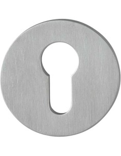 Pareja de bocallaves redondos planos en acero inoxidable. Montaje sin tornillos mediante 2 tetones de soporte pasantes. El groso