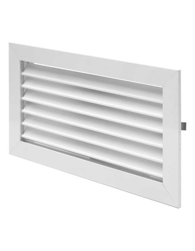 Rejilla de aluminio de lamas fijas utilizada en sistemas de ventilación o aire acondicionado para controlar el flujo de aire. Es