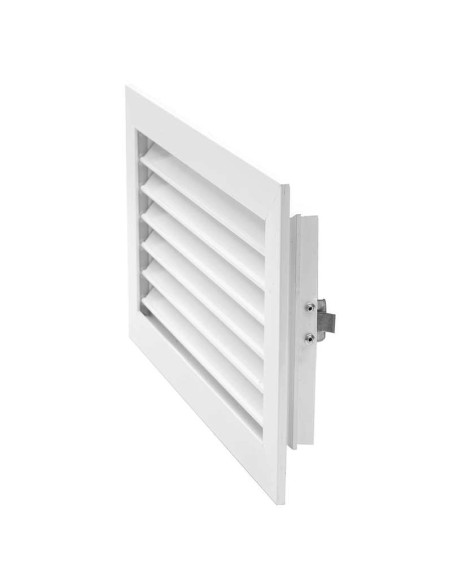 Rejilla de aluminio de lamas fijas utilizada en sistemas de ventilación o aire acondicionado para controlar el flujo de aire. Es