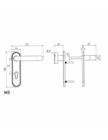 Juego de manillas con bocallave para puertas cortafuego realizadas en nylon y acero. Incluye tornillos de fijación y cuadradillo