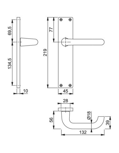 Juego de manillas con placa larga para puertas interiores. Muelle recuperable, fijación visible, tornillos multiuso, conexión co