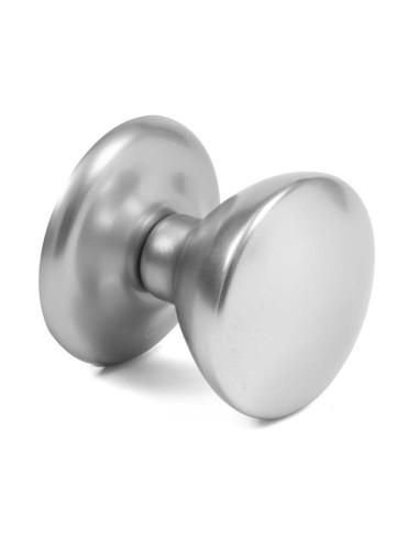 Pomo con roseta para el lado exterior de la puerta de entrada. Base en acero, fijación unilateral no visible, tornillos multiuso