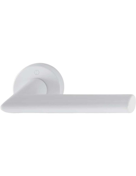Juego de manillas con roseta para puertas interiores verificado según norma DIN EN 1906:37-0140A. Base de nylon, muelle de recup