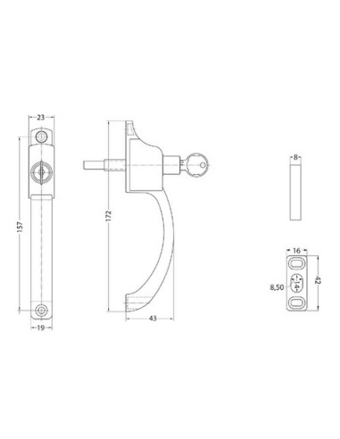 Cierre de centro pulsador superpuesto para puertas y ventanas correderas. Cuerpo realizado en aluminio inyectado y empuñadura en