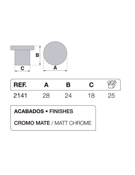 Pomo para mueble o armario realizado en zamak. Tiene una altura de 24 mm, un diámetro de 28 mm y una base de 18 mm.