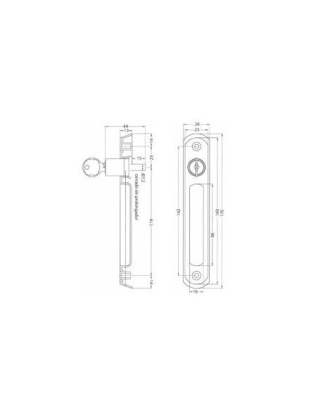 Cierre de centro superpuesto con cerradura y llaves iguales para puertas y ventanas correderas. Realizado en aluminio extruido. 