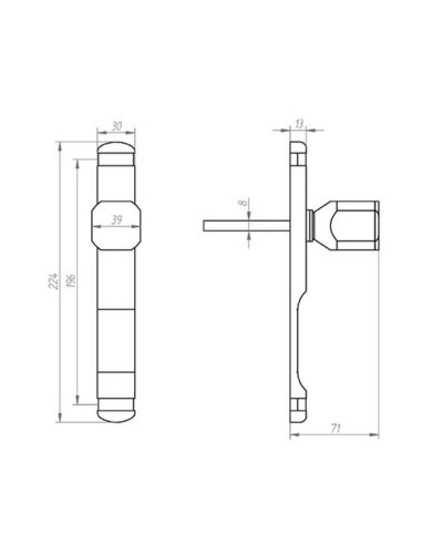 Pomo recuperable con placa ciega y cuadradillo de 8 x 100 mm que permite su instalación en puertas de hasta 60 mm de grosor. Lle