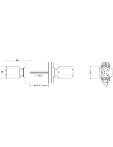 Juego de pomo ambidiestro con muelle de recuperación y cuadradillo de 8 x 100 mm. Se puede instalar en puertas de hasta 63 mm de