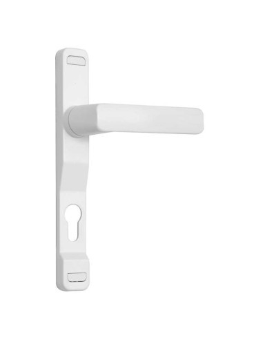 Juego de manillas con placa estrecha y bocallave a 85 mm. Disponible en medida de 92 mm y con placa ciega bajo encargo. El cuerp