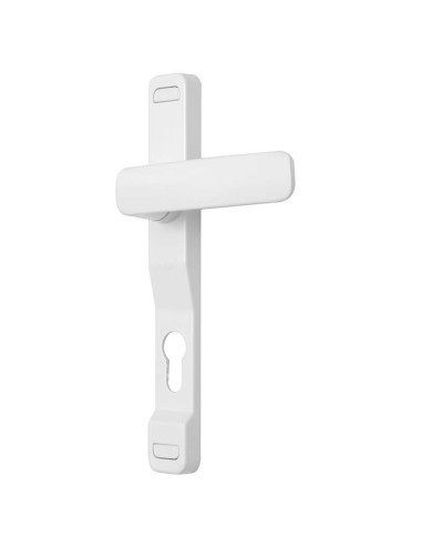 Juego de manillas con placa estrecha y bocallave a 85 mm. Disponible en medida de 92 mm y con placa ciega bajo encargo. El cuerp