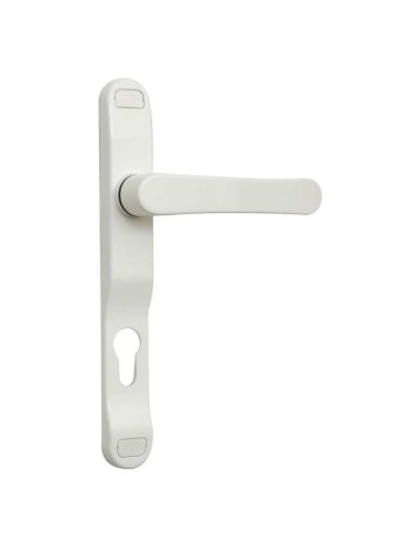 Juego de manillas recuperable ambidiestra con placa estrecha y bocallave a 85 mm. Realizada en aluminio lacado, en zamak y acero