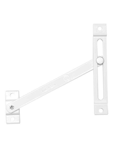 Bisagra compás basculante para limitar la apertura en ventanas abatibles, practicables y oscilobatientes. Realizado en aluminio 