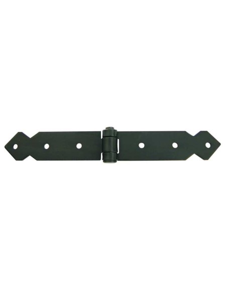 Bisagra tipo forja realizada en acero zincado negro de 600 mm de largo (las 2 palas) y 40 mm de ancho. Tiene un grosor de 4 mm. 