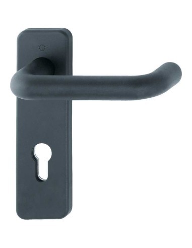 Juego de manillas cortafuego con placa corta realizada en nylon para puertas interiores. Verificado según normas DIN 18723 y DIN