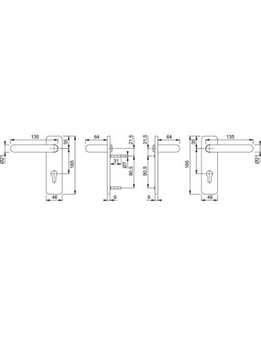 Juego de manillas cortafuego con placa corta realizada en nylon para puertas interiores. Verificado según normas DIN 18723 y DIN