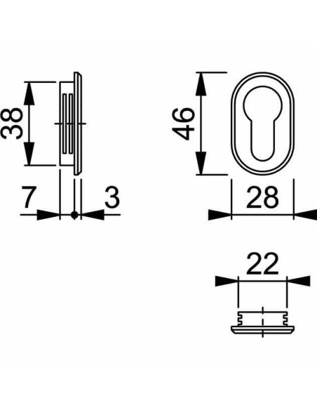 Pareja de bocallave en aluminio de 46 x 28 mm, para puertas interiores, fijación sin tornillos mediante encaje, adicionalmente p